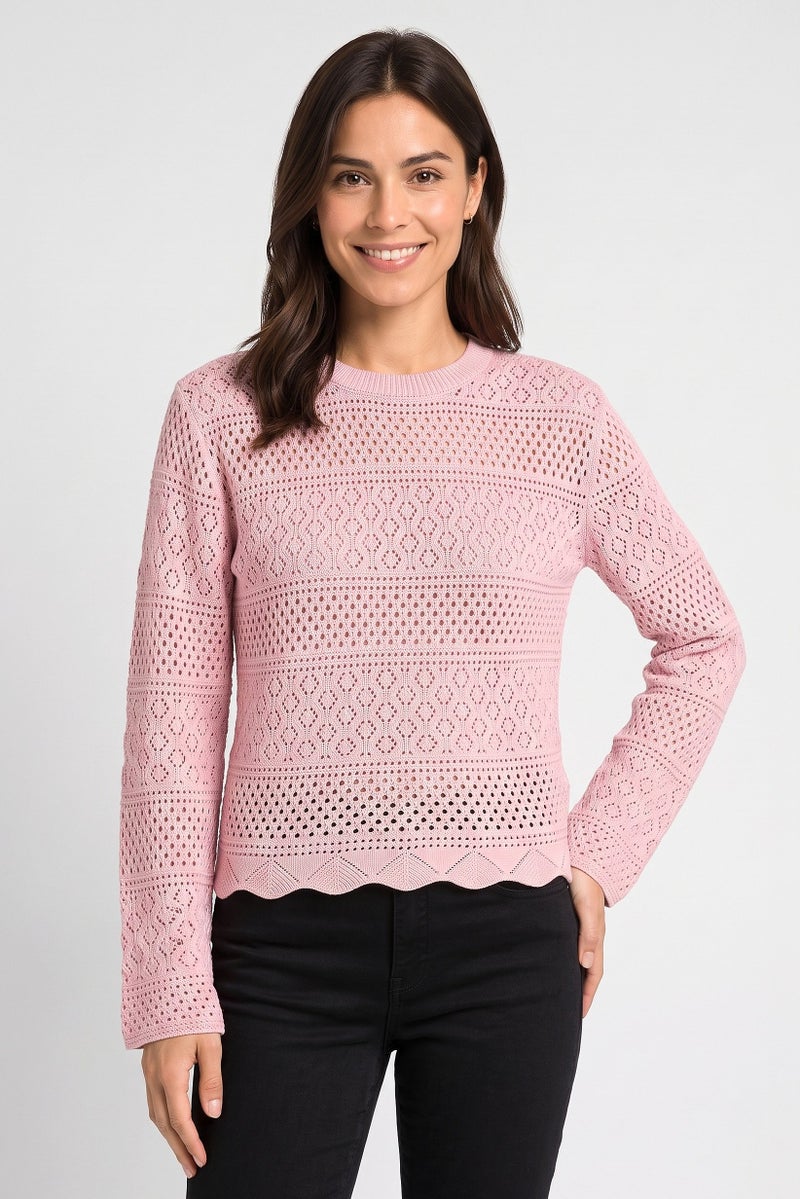 Threadbare Women Crew Neck Long Sleeve Crochet Sweater, Pink - Image 1