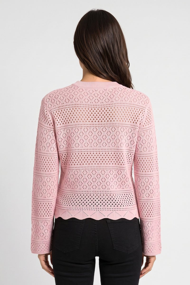 Threadbare Women Crew Neck Long Sleeve Crochet Sweater, Pink - Image 4