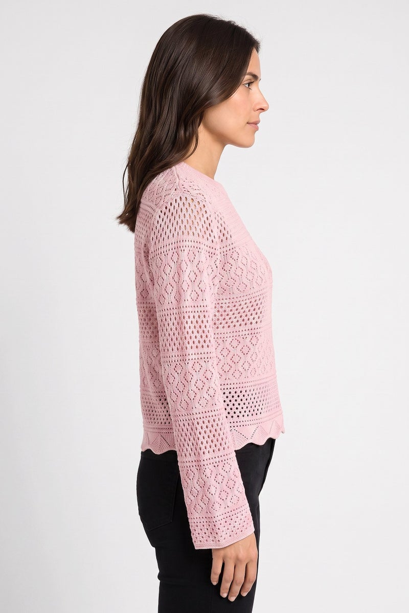Threadbare Women Crew Neck Long Sleeve Crochet Sweater, Pink - Image 3