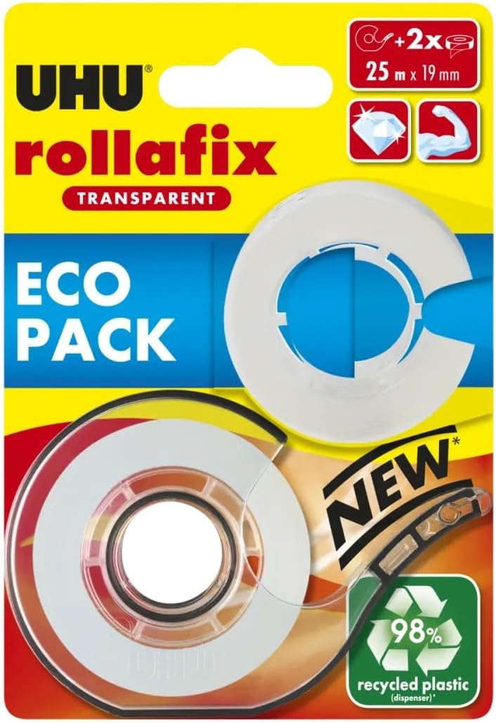 UHU ECO Rollafix Transparent Adhesive Tape with Dispenser, 25m x 19mm - Image 1