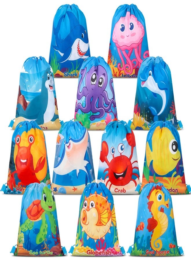 Woanger 12 Packs Ocean Party Supplies Favor Drawstring Bags Colorful Fish Backpack Bag Cartoon Sea Animal Birthday Goodie Bags String Pouch for Kids Ocean Themed Birthday Party Baby Shower Supplies - Image 1