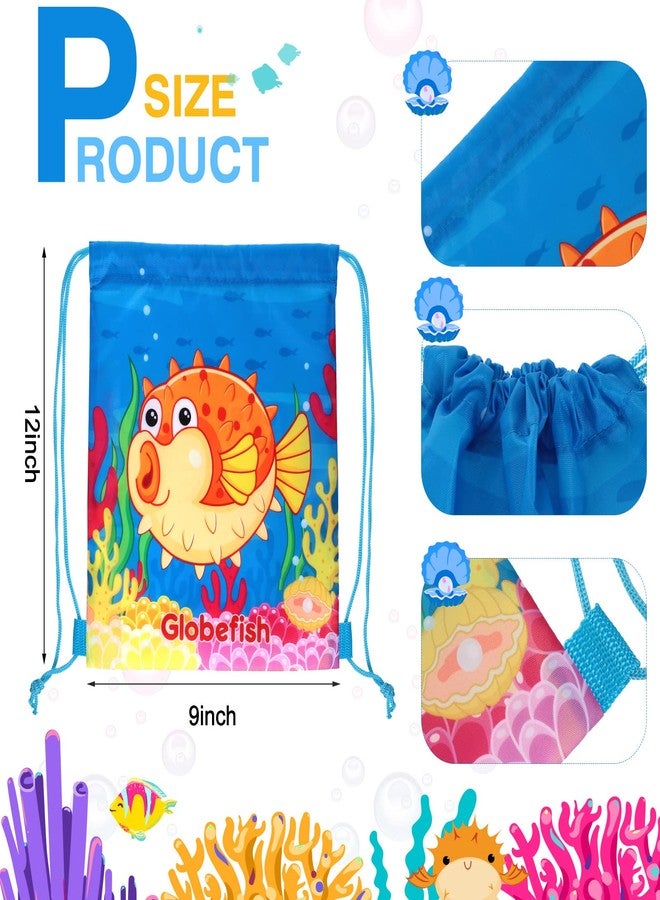 Woanger 12 Packs Ocean Party Supplies Favor Drawstring Bags Colorful Fish Backpack Bag Cartoon Sea Animal Birthday Goodie Bags String Pouch for Kids Ocean Themed Birthday Party Baby Shower Supplies - Image 2