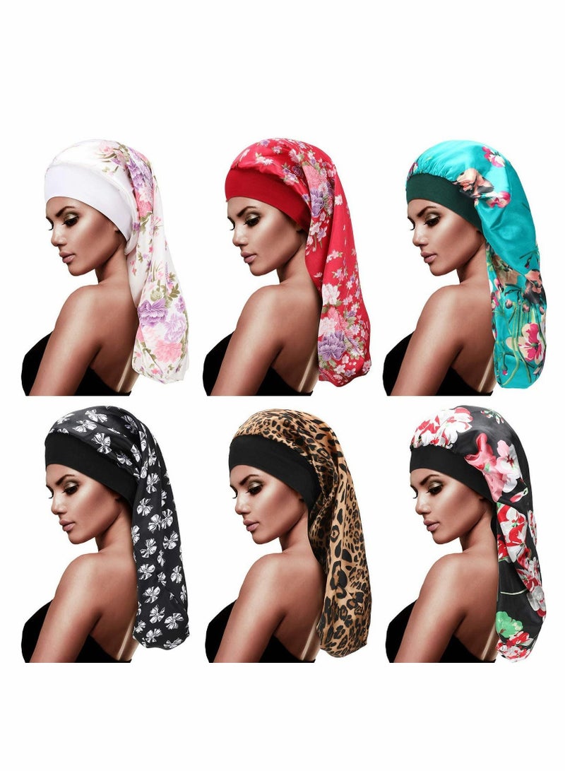 Satin Sleep Cap Long Bonnet Extra Large Elastic Band Silk Night Hat for Women Girls Curly Hair Braids Dreadlock Silky Loose Sleeping 6 Pieces - Image 1