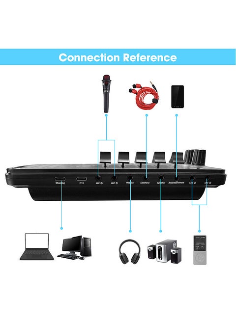 SK500 Portable Live Sound Card Voice Changer Device Audio Mixer Built-in Multiple Sound Effects Rechargeable Battery BT Connection