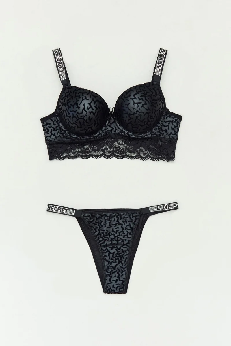 فولامودا Faux Leather Lace Detailed Stone Padded Bra Set