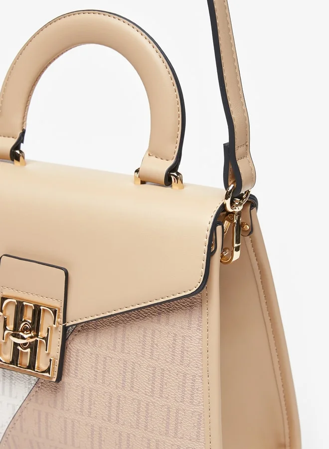 ELLE Women's Colourblock Monogram Print Satchel Bag with Top Handle and Twist Clasp