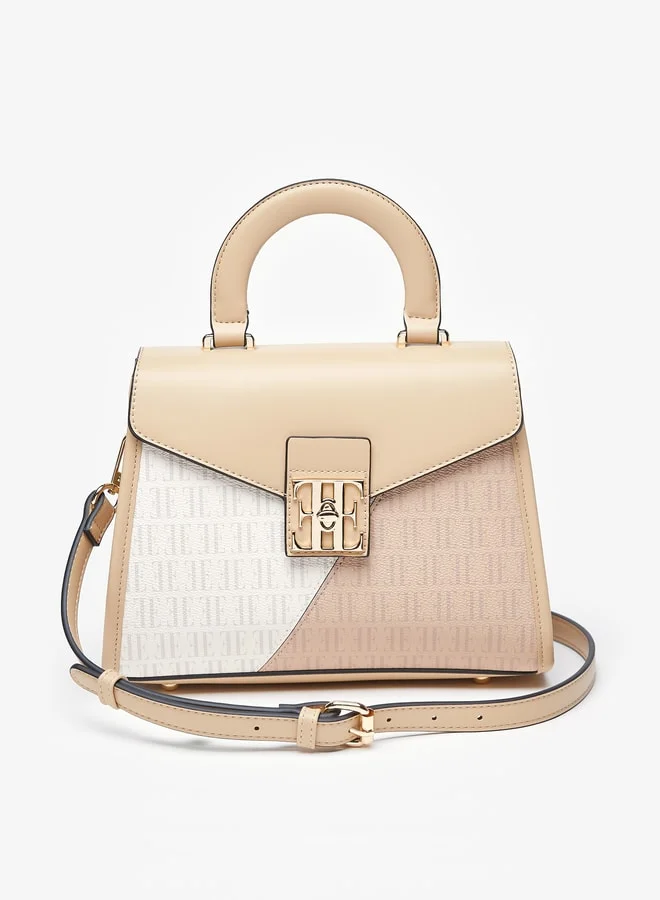 ELLE Women's Colourblock Monogram Print Satchel Bag with Top Handle and Twist Clasp