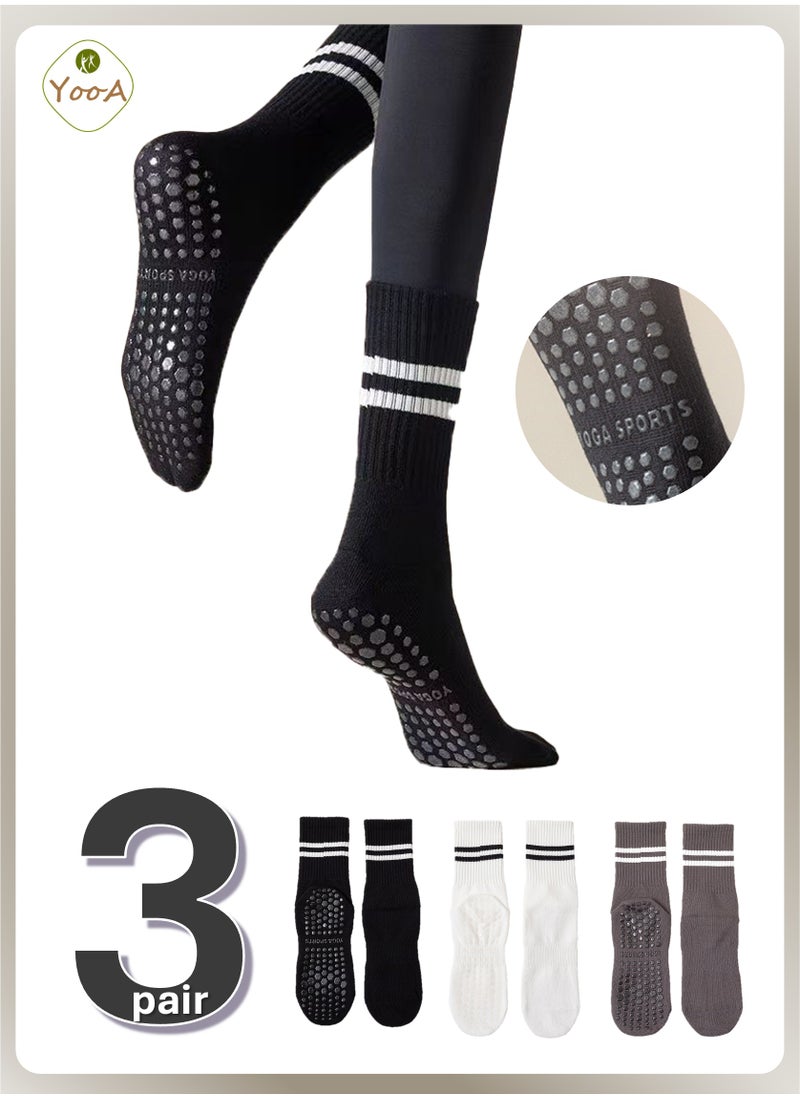 YooA 3-Pair Non-slip Yoga Socks, Cotton Pilates Socks with 3D Silicone Particles, Breathable&Moisture-wicking&Machine-washable, Ideal for Yoga/Pilates/Ballet/Dance/Workout (White+Black+Grey)  - Image 1
