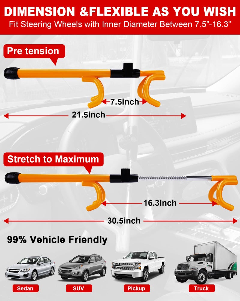 Tevlaphee Car Steering Wheel Lock Great Deterrent Adjustable Car Lock Steering Wheel Anti Theft Car Device for Vehicles,Trucks,Vans,SUVs (Yellow) - Image 2