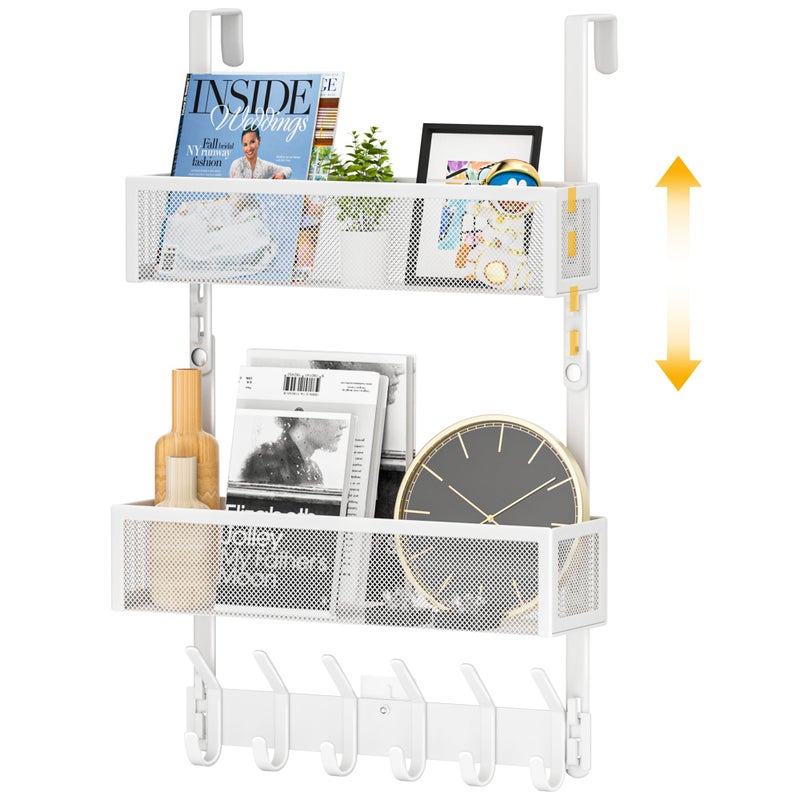 LUCYCAZ Adjustable Over The Door Hooks Organizer, Hanger Storage with 10 Coat Hooks & 2 Mesh Basket, Over The Door Towel Rack Organizer for Bathroom, Bedroom, Kitchen (White) - Image 1