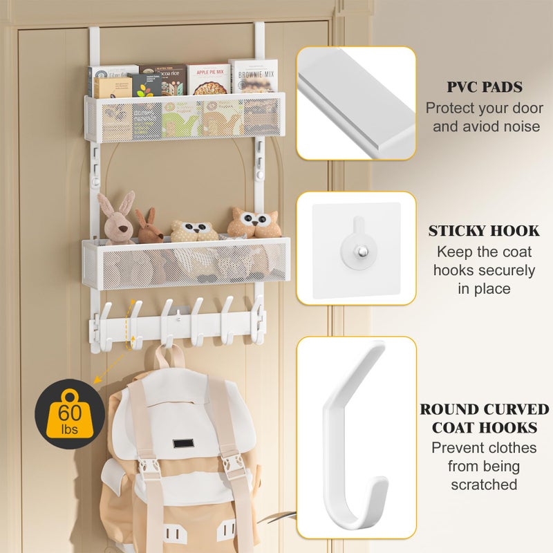 LUCYCAZ Adjustable Over The Door Hooks Organizer, Hanger Storage with 10 Coat Hooks & 2 Mesh Basket, Over The Door Towel Rack Organizer for Bathroom, Bedroom, Kitchen (White) - Image 2