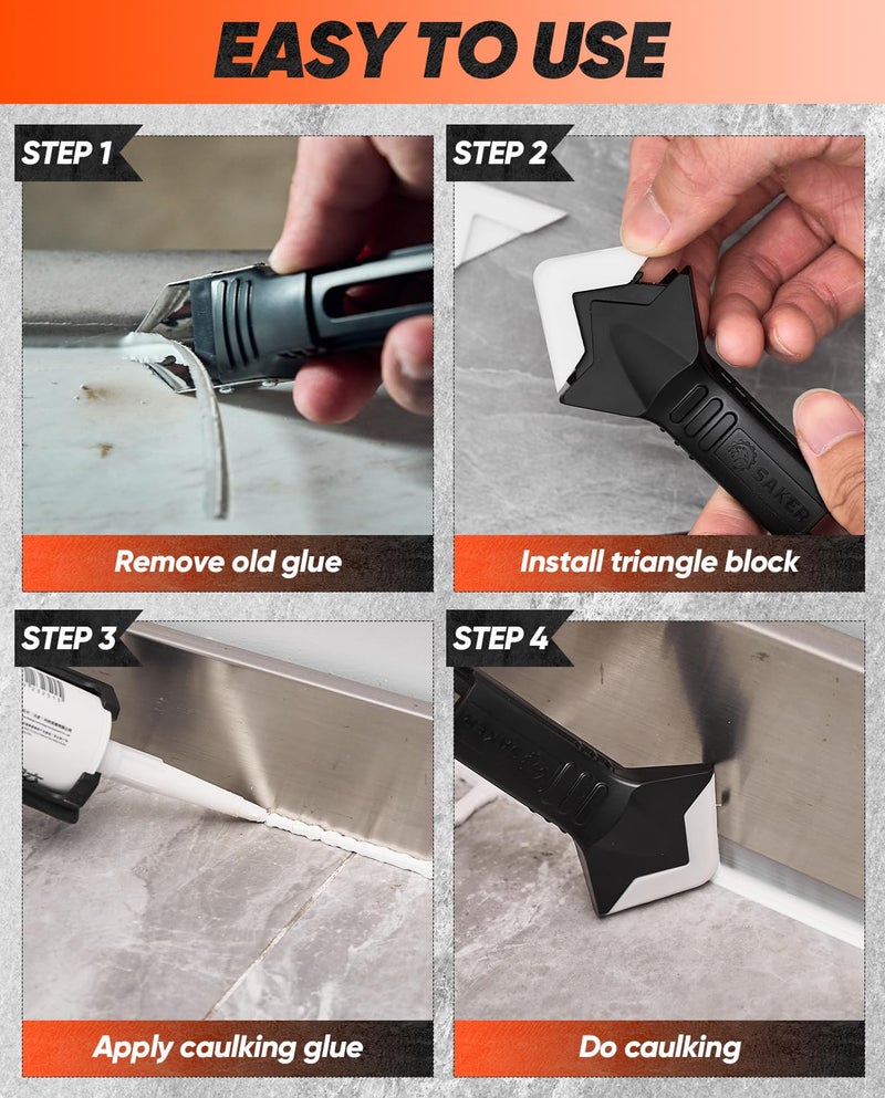 Saker Silicone Caulking Tools-3 in 1 Sealant Finishing Tool Grout Remove Scraper (Stainless Steelhead),Caulk Remover Glass Glue Angle Scraper for Bathroom,Kitchen,Floor,Window,Sink Joint,Frames Seal - Image 2