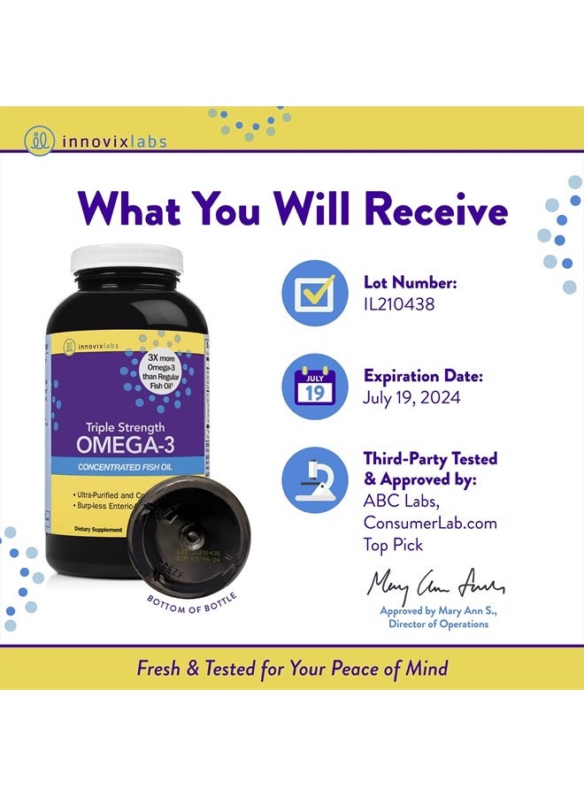 InnovixLabs زيت السمك أوميغا-3 بقوة ثلاثية، 900 ملغ أوميغا-3 لكل كبسولة، مغلف بطبقة داخلية خالية من التجشؤ، خالي من الجلوتين، يحتوي على EPA و DHA عاليين لصحة القلب والدماغ والمفاصل، معتمد من IFOS 5 نجوم، 200 كبسولة - Image 3