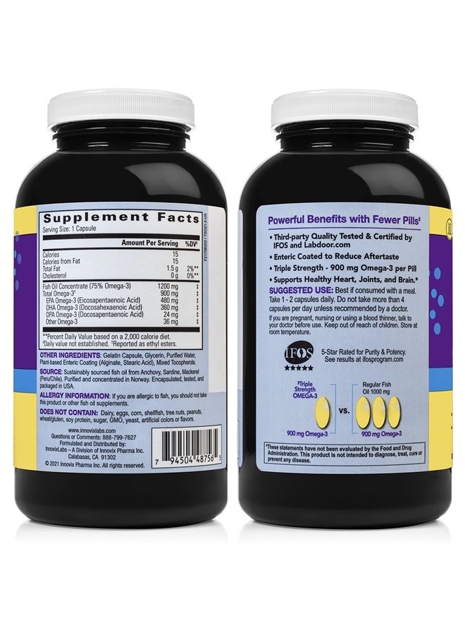 InnovixLabs زيت السمك أوميغا-3 بقوة ثلاثية، 900 ملغ أوميغا-3 لكل كبسولة، مغلف بطبقة داخلية خالية من التجشؤ، خالي من الجلوتين، يحتوي على EPA و DHA عاليين لصحة القلب والدماغ والمفاصل، معتمد من IFOS 5 نجوم، 200 كبسولة - Image 2