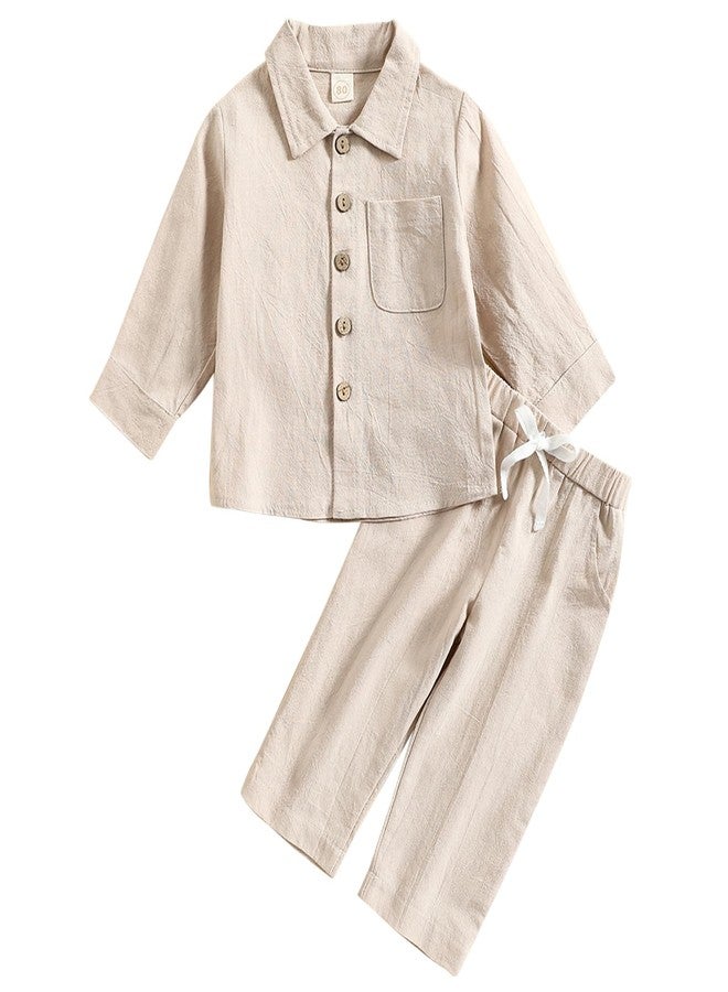 ACESTAR Toddler Baby Boys 2 Pieces Cotton Linen Set Long Sleeve Button Down Shirt Casual Pants Sets Spring Fall Outfits（Beige,80） - Image 1