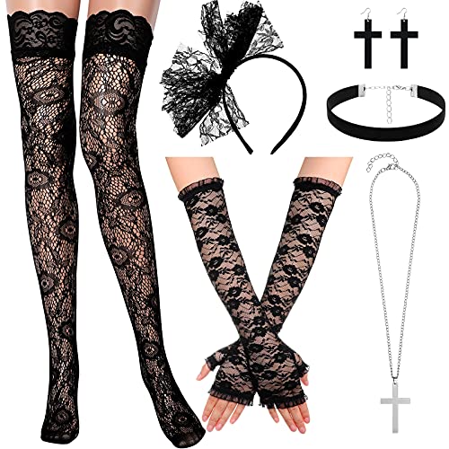 Geyoga Lace Costumes for Women 80s Cosplay Halloween Black Lace Gloves Headband Thigh-high Stocking Earrings Pendent Necklace Flannel Choker Accessories Set for 90s party - Image 1