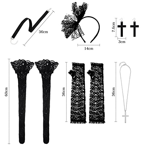 Geyoga Lace Costumes for Women 80s Cosplay Halloween Black Lace Gloves Headband Thigh-high Stocking Earrings Pendent Necklace Flannel Choker Accessories Set for 90s party - Image 2