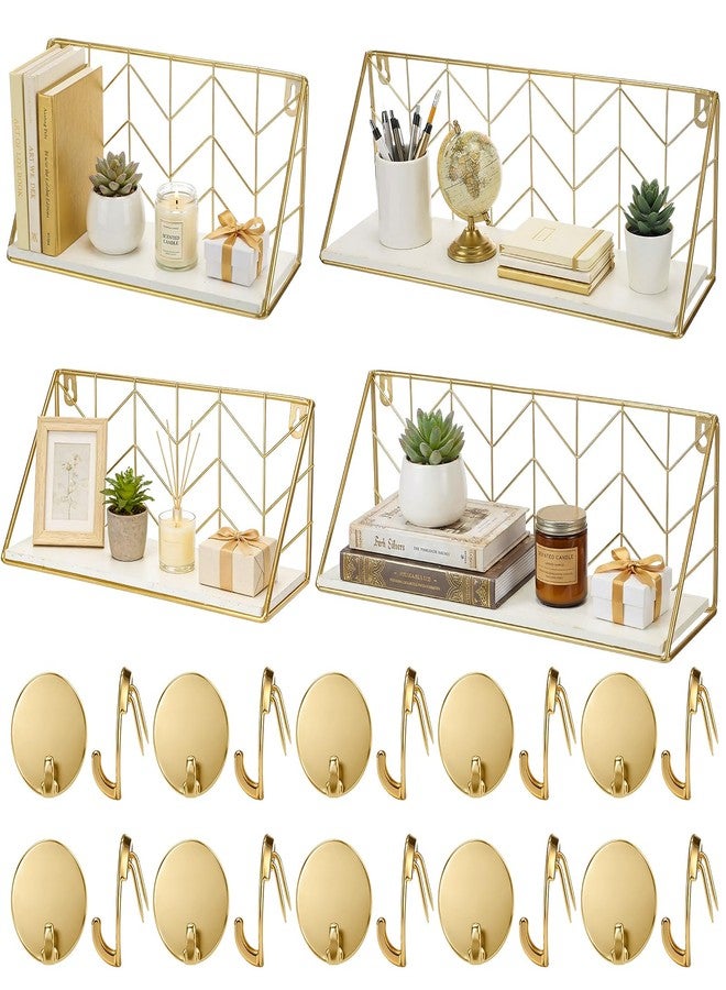 Maxdot Floating Shelves Wall Mounted Set of 4 with 24 Cubicle Hooks, Rustic Wood Storage Decor Hanging Shelves Fabric Panel Wall Hooks for Home, Living Room, Bedroom, Bathroom, Kitchen (Gold) - Image 1