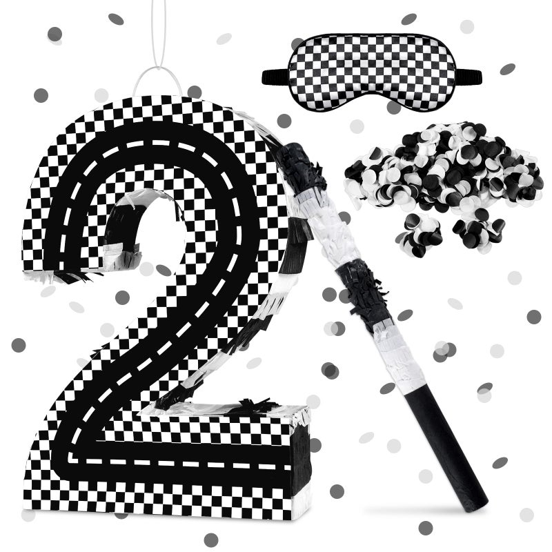 Lcoor Racing Cars Birthday Decorations Racing Cars Number 2 Pinata with Stick Blindfold and Confetti Racing Cars 2nd Birthday Party Decoration Supplies Racing Cars 2 - Image 3