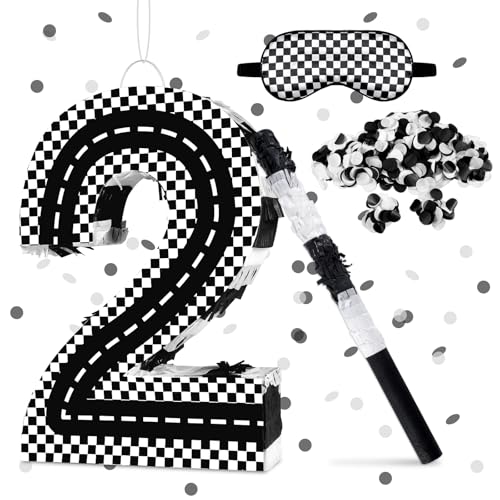 Lcoor Racing Cars Birthday Decorations Racing Cars Number 2 Pinata with Stick Blindfold and Confetti Racing Cars 2nd Birthday Party Decoration Supplies Racing Cars 2 - Image 1