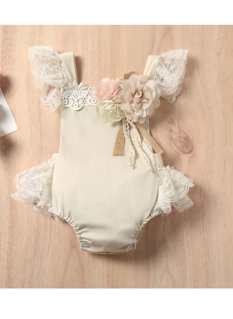 Excefore Baby Girl Lace Romper First Birthday Cake Smash Outfit, Toddler One-Piece Bodysuit with Flower Headband, Ruffle Boho Princess Tulle Dress, Half 1st 2nd Birthday Photoshoot Clothes, 0-24 Months (70CM)  - Image 2