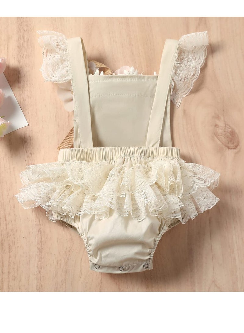 Excefore Baby Girl Lace Romper First Birthday Cake Smash Outfit, Toddler One-Piece Bodysuit with Flower Headband, Ruffle Boho Princess Tulle Dress, Half 1st 2nd Birthday Photoshoot Clothes, 0-24 Months (70CM)  - Image 3