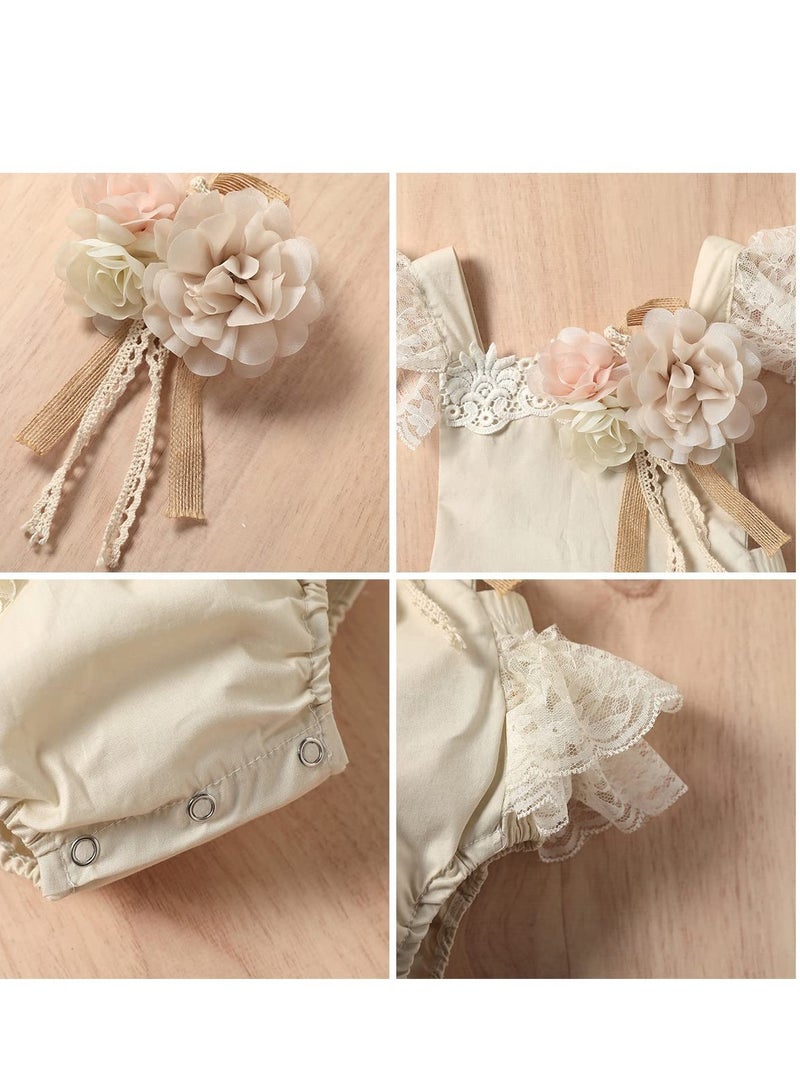 Excefore Baby Girl Lace Romper First Birthday Cake Smash Outfit, Toddler One-Piece Bodysuit with Flower Headband, Ruffle Boho Princess Tulle Dress, Half 1st 2nd Birthday Photoshoot Clothes, 0-24 Months (70CM)  - Image 5