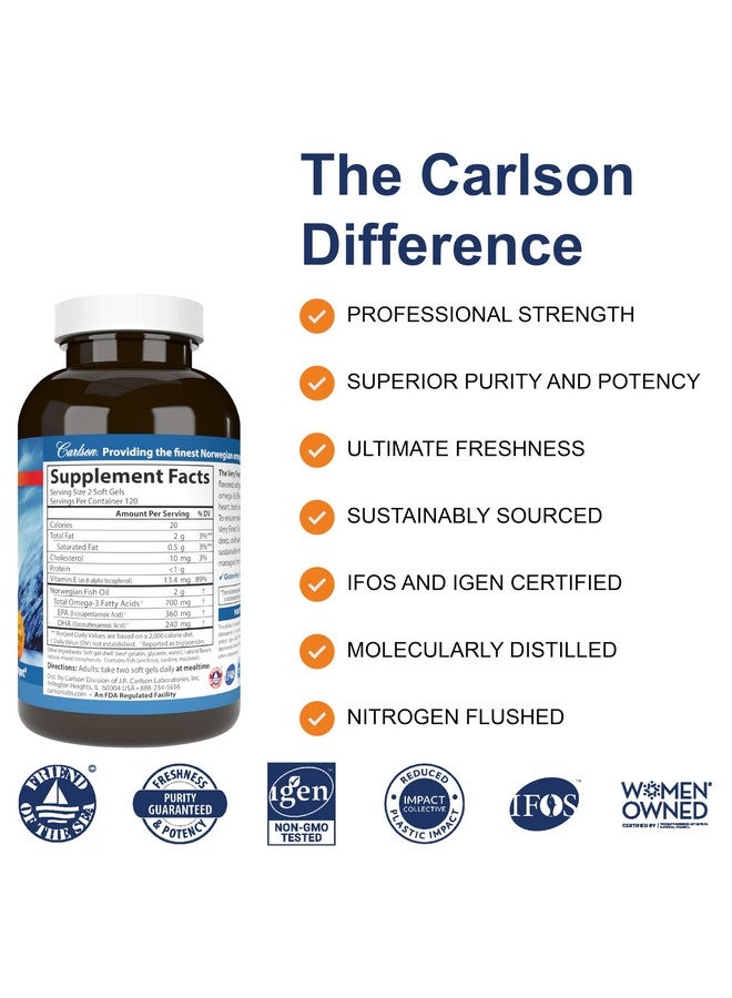Carlson كارلسون - زيت السمك الأفضل على الإطلاق، 700 ملغ أوميغا-3، نرويجي، زيت سمك من الصيد البري، كبسولات زيت السمك المستدام، برتقالي، 240 كبسولة لينة - Image 2