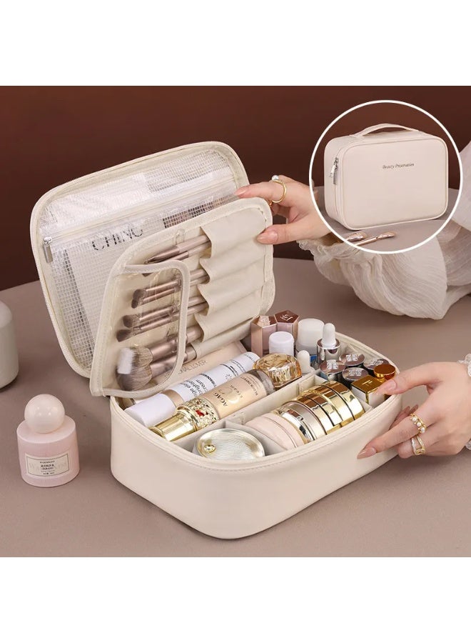 Leather Multi-Layer Makeup Organizer Bag with Adjustable Dividers - WHITE - Image 1