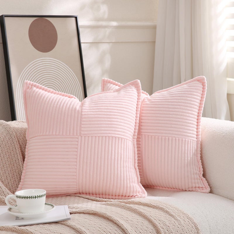 Puncuntex Corduroy Light Pink Throw Pillow Covers Set of 2 Boho Decorative 18Ã—18 Inch,Super Soft Pillowcase Cozy Striped Texture Cushion Cover for Couch,Sofa,Farmhouse,Living Room - Image 1