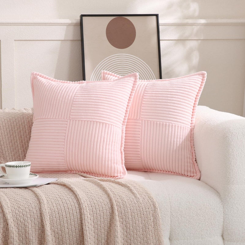 Puncuntex Corduroy Light Pink Throw Pillow Covers Set of 2 Boho Decorative 18Ã—18 Inch,Super Soft Pillowcase Cozy Striped Texture Cushion Cover for Couch,Sofa,Farmhouse,Living Room - Image 3