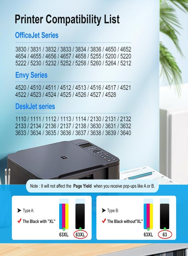 خرطوشة حبر بديلة متوافقة من Adoccur 63XL لطابعات HP OfficeJet 3830 و4650 و5255 و5258 و5200 وEnvy 4520 و4512 وDeskJet 1112 و2130 و3630، أسود، ثلاثي الألوان، عبوة من قطعتين - Image 2