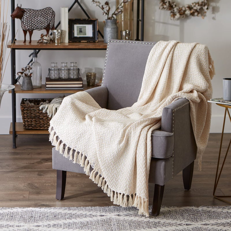 DII Modern Zig Zag Throw Blanket Woven Cotton, Hand-Knotted 2.5" Fringe, 50x60, Natural - Image 5