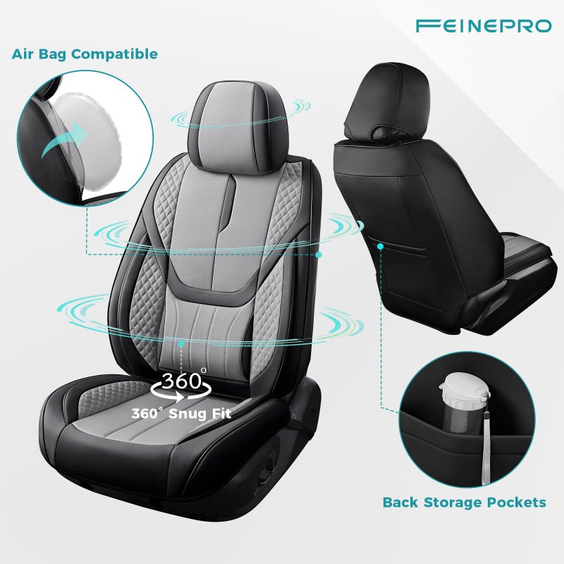 FEINEPRO أغطية مقاعد السيارة FEINEPRO مجموعة كاملة - أغطية مقاعد عالمية للسيارات SUV والشاحنات - أغطية مقاعد سيارات من الجلد الصناعي، قابلة للتنفس ومقاومة للماء، واقيات مقاعد أمامية وخلفية، تناسب معظم السيارات - أسود رمادي - Image 2
