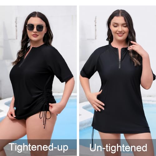 Halcurt Women's Plus Size Half Zip Short Sleeve Rash Guard Swim Top Drawstring Swim Shirt UPF50+ Swimsuit Black Plus Size 2X - Image 4