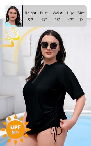 Halcurt Women's Plus Size Half Zip Short Sleeve Rash Guard Swim Top Drawstring Swim Shirt UPF50+ Swimsuit Black Plus Size 2X - Image 2