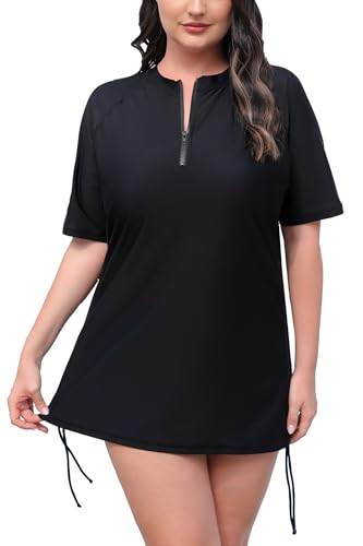Halcurt Women's Plus Size Half Zip Short Sleeve Rash Guard Swim Top Drawstring Swim Shirt UPF50+ Swimsuit Black Plus Size 2X - Image 1
