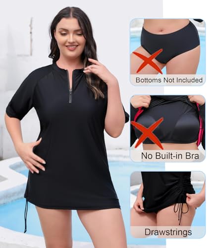 Halcurt Women's Plus Size Half Zip Short Sleeve Rash Guard Swim Top Drawstring Swim Shirt UPF50+ Swimsuit Black Plus Size 2X - Image 3