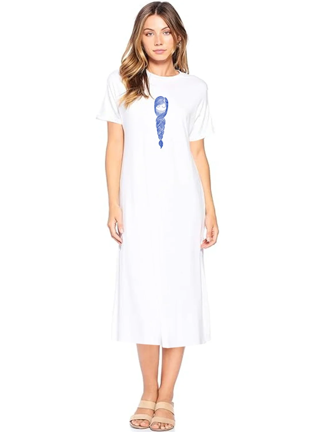Rock&Roll Knitted Hair White Short Sleeve Combed Cotton Long Dress