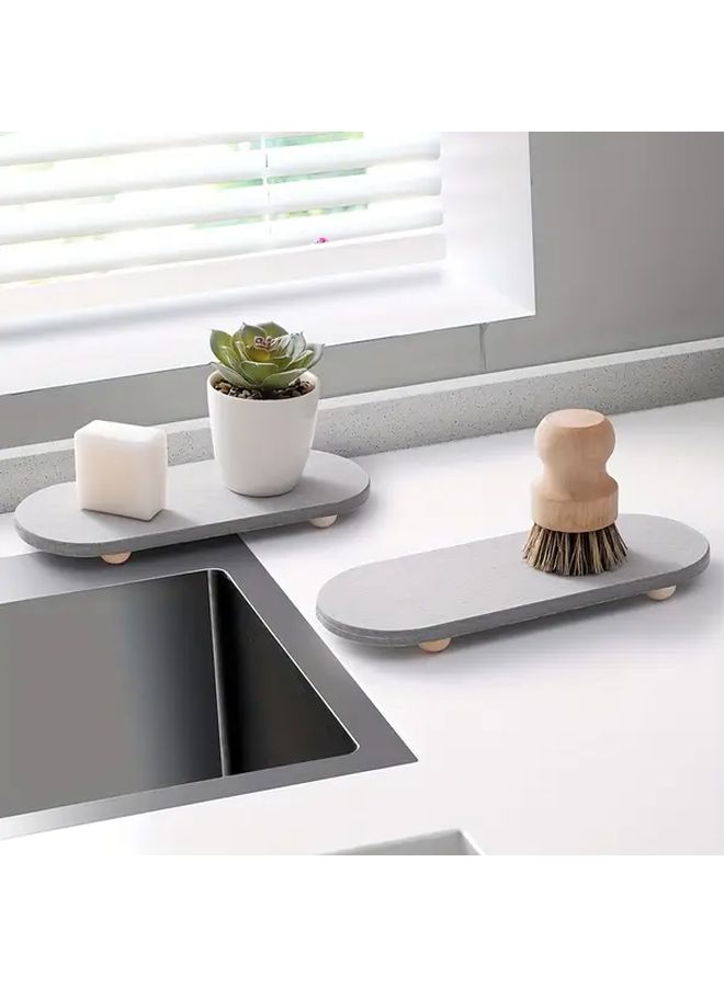 Two Piece Glossy Medium Gray Diatomite Sink Tray Set With Wooden Feet For Instant Drying - Image 1