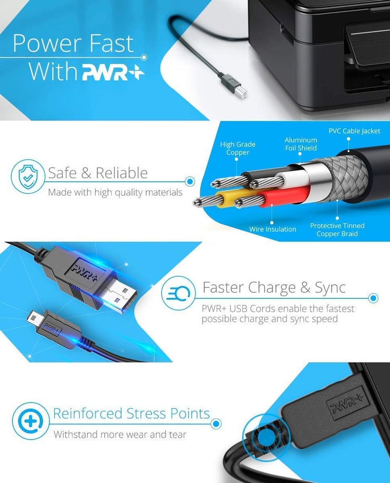 PWR+ 12Ft Extra Long USB-Printer-Cable 2.0 for HP OfficeJet LaserJet Envy, Canon Pixma, Epson Workforce, Stylus Expression Home, Brother, Silhouette Cameo, Dell Scanner Fax Cord - Image 2