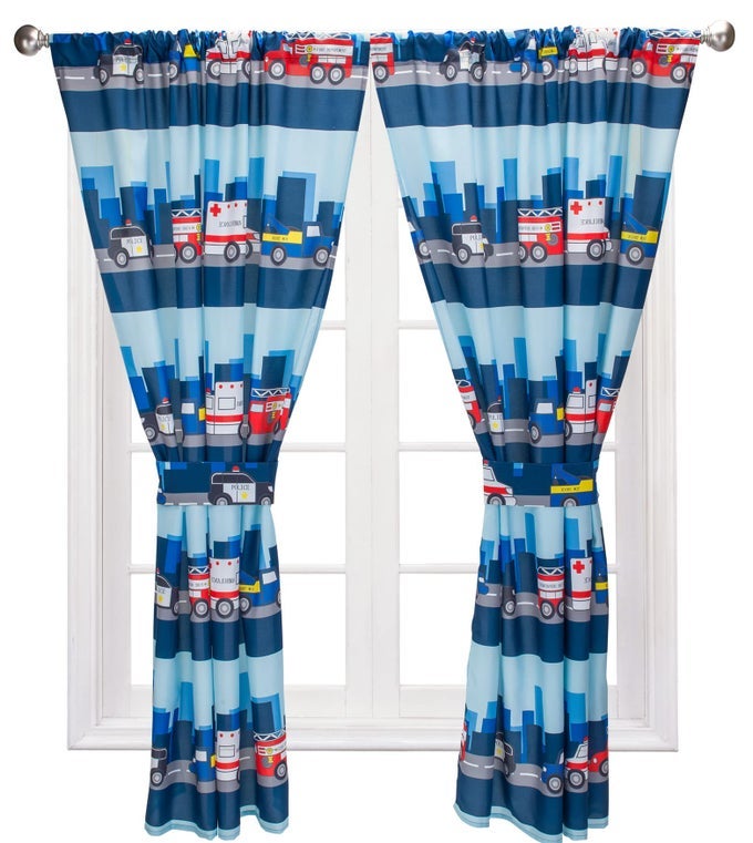 BOYS CURTAINS FOR FIRE AND POLICE RESCUE THEMED BEDROOM DCOR WITH TRUCKS AND CARS 4PC FIRST RESPONDER KID CURTAINS WITH 2 PANELS 82 X 63 TOTAL SIZE AND 2 TIEBACKS CLASSROOM AND NURSERY CURTAINS