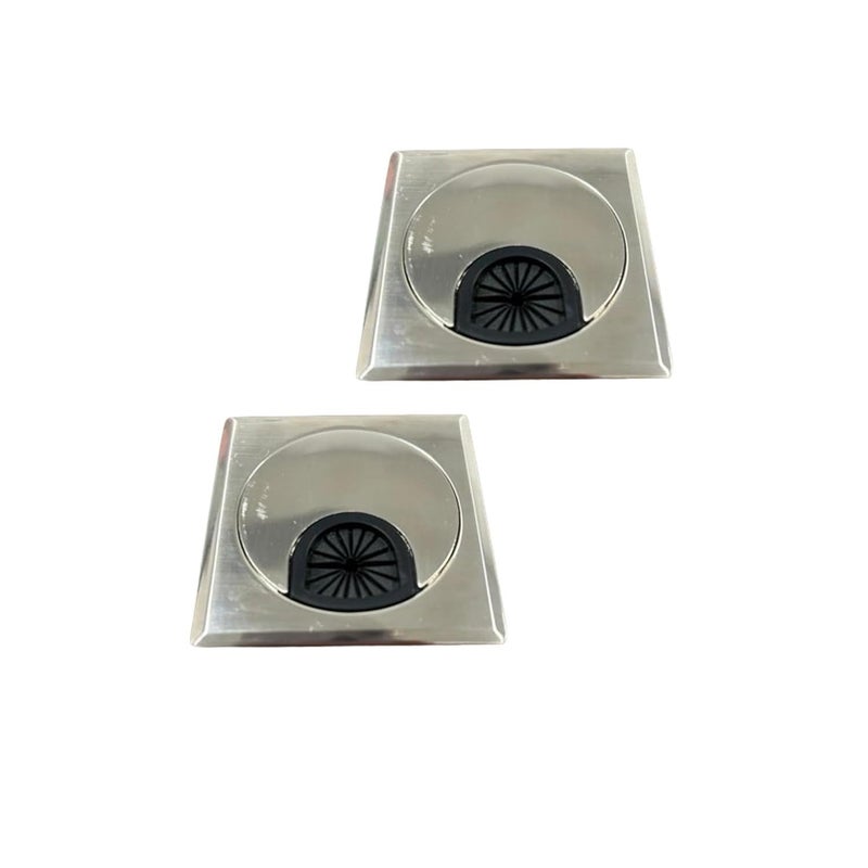 Brushed Silver Round Metal Desk Grommet with Square Outer Trim, 60 mm / 2.36 inches, 2 Pack - Image 1