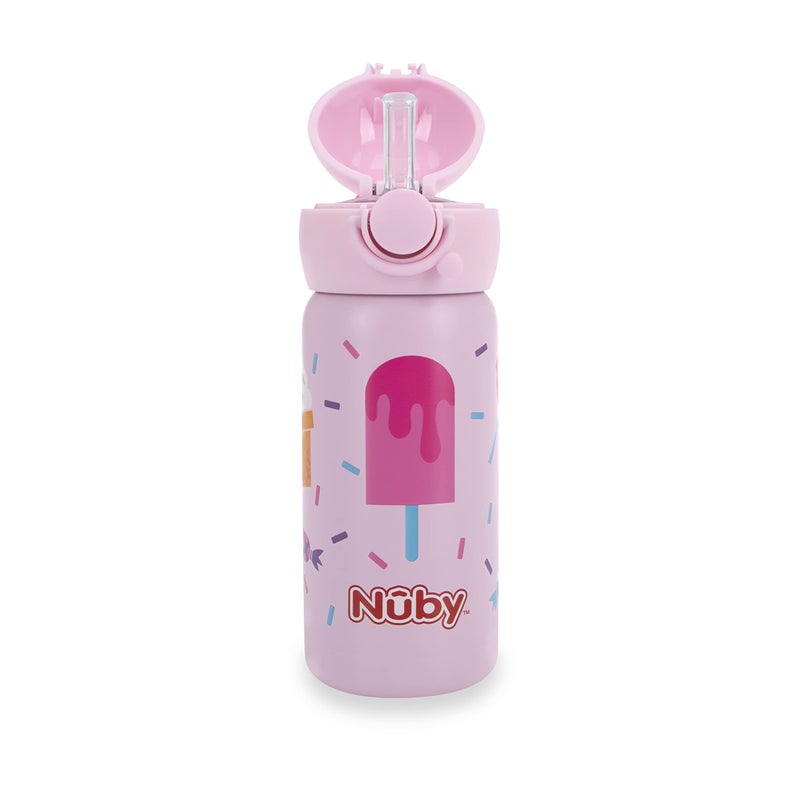 Nuby Thirsty Kids No Spill Flip-It Active Stainless Steel Travel Cup or Water Bottle - 14 Oz - 18+ Months - Pink Ice Cream - Back to School Essentials - Image 5