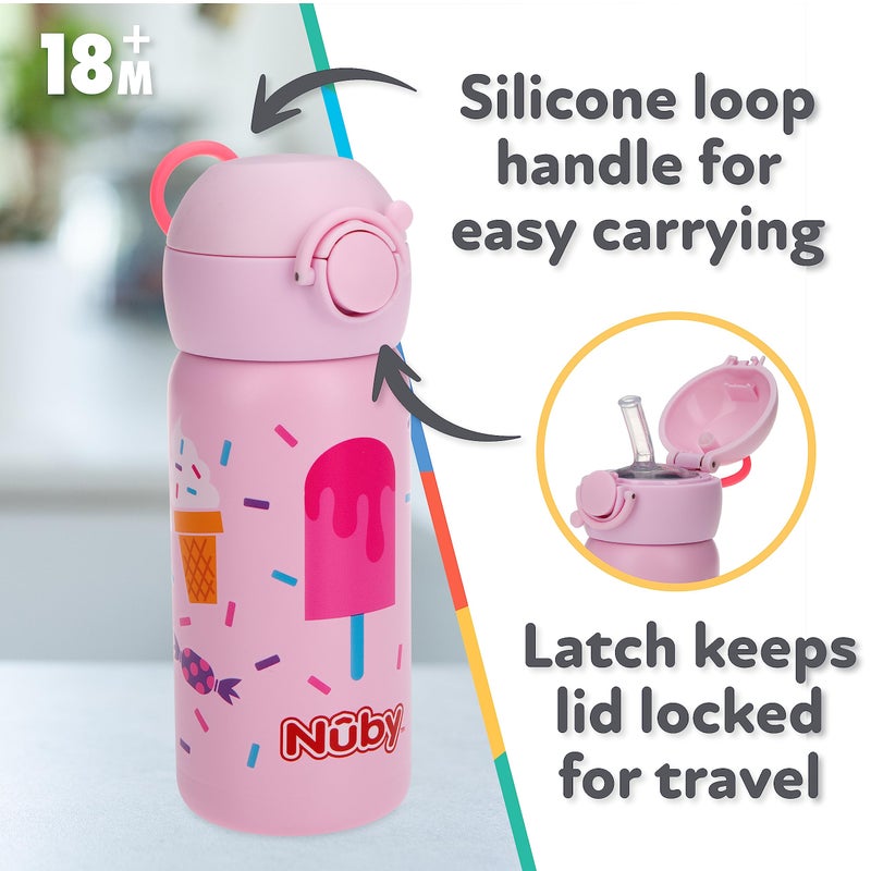 Nuby Thirsty Kids No Spill Flip-It Active Stainless Steel Travel Cup or Water Bottle - 14 Oz - 18+ Months - Pink Ice Cream - Back to School Essentials - Image 2
