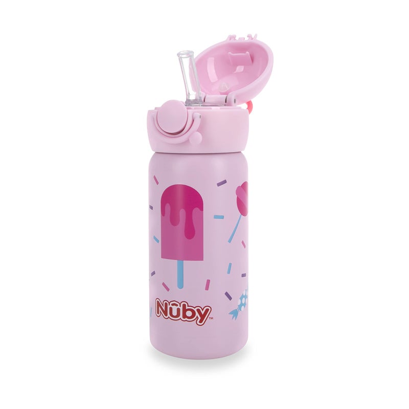 Nuby Thirsty Kids No Spill Flip-It Active Stainless Steel Travel Cup or Water Bottle - 14 Oz - 18+ Months - Pink Ice Cream - Back to School Essentials - Image 1