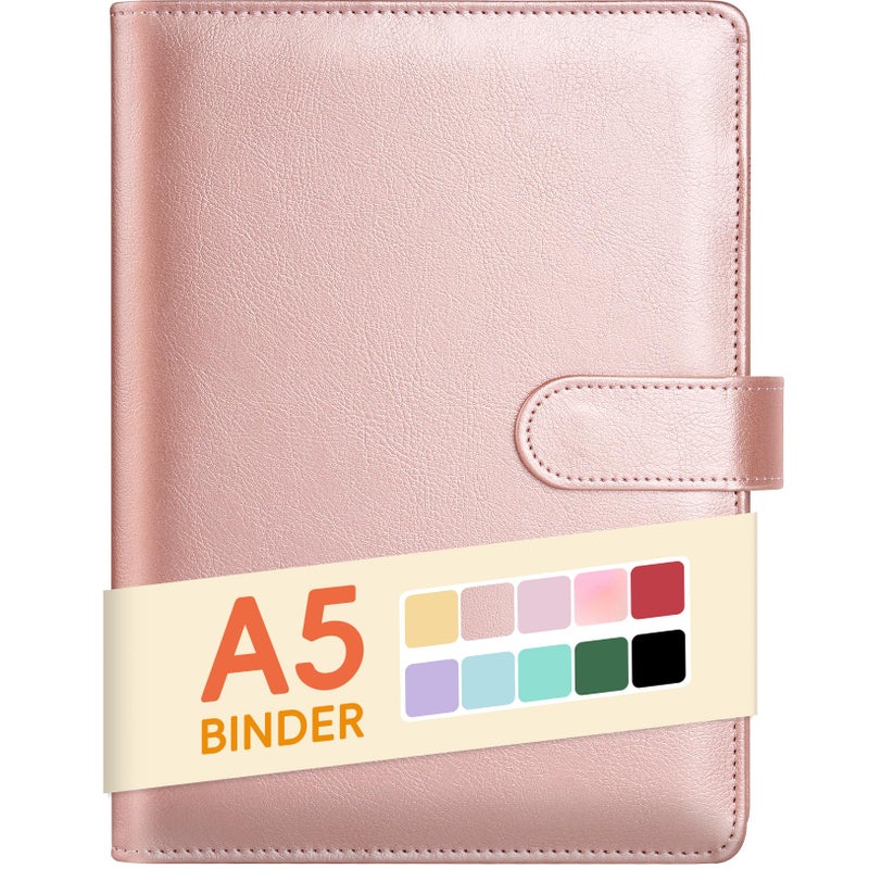 Sooez A5 Notebook Photocard Binder, 6 Ring Planner with Stylish Design, Loose Leaf Personal Organizer Cover with Magnetic Buckle, PU Leather Binder with Soft Colors (Rose Gold) - Image 1