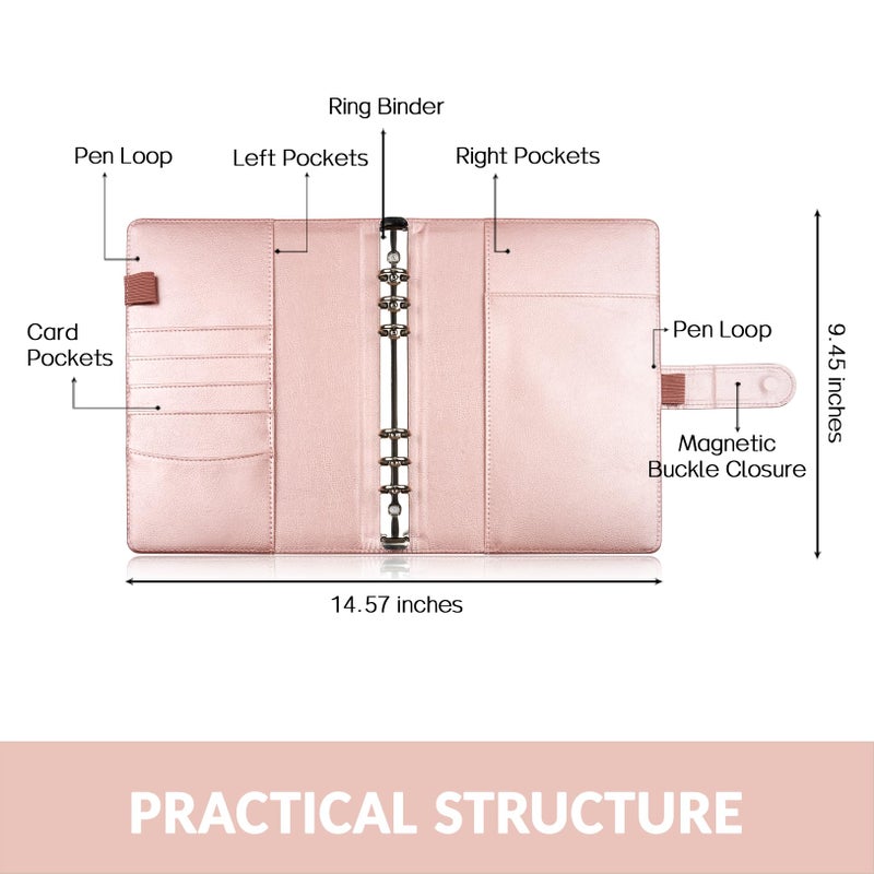 Sooez A5 Notebook Photocard Binder, 6 Ring Planner with Stylish Design, Loose Leaf Personal Organizer Cover with Magnetic Buckle, PU Leather Binder with Soft Colors (Rose Gold) - Image 2