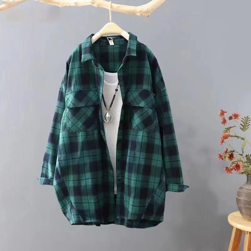 Plaid Shirt Womens Spring and Autumn European High-end Shirt Mid-length Sanding Top Stacked Cardigan Lapel Jacket A6 Yellow  - Image 4