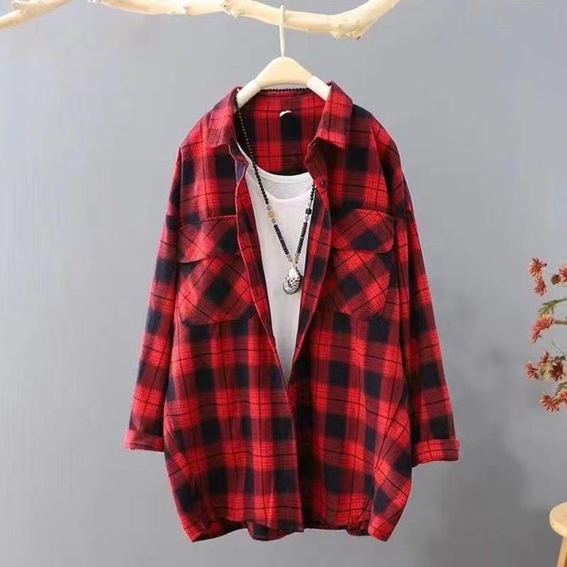 Plaid Shirt Womens Spring and Autumn European High-end Shirt Mid-length Sanding Top Stacked Cardigan Lapel Jacket A6 Yellow  - Image 5